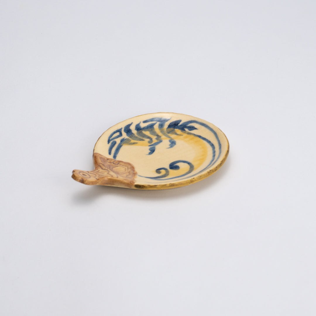 Tiny plate formed Uchiwa -Rust painting「Ebi Kotobuki"寿"」