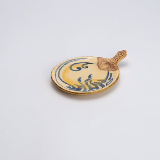 Tiny plate formed Uchiwa -Underglaze blue painting「Ebi Kotobuki"寿"」