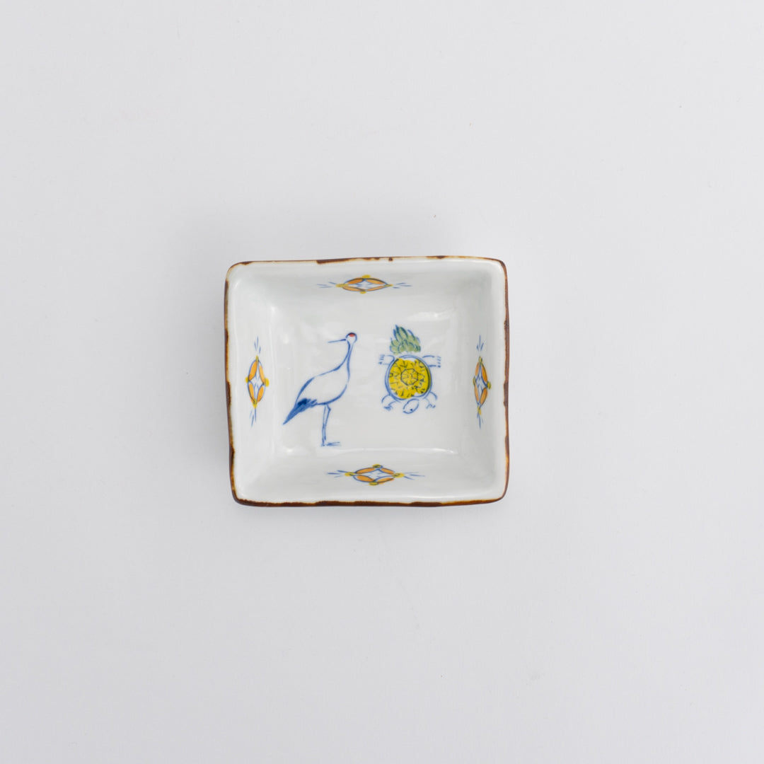 Tiny square bowl -Crane and turtle