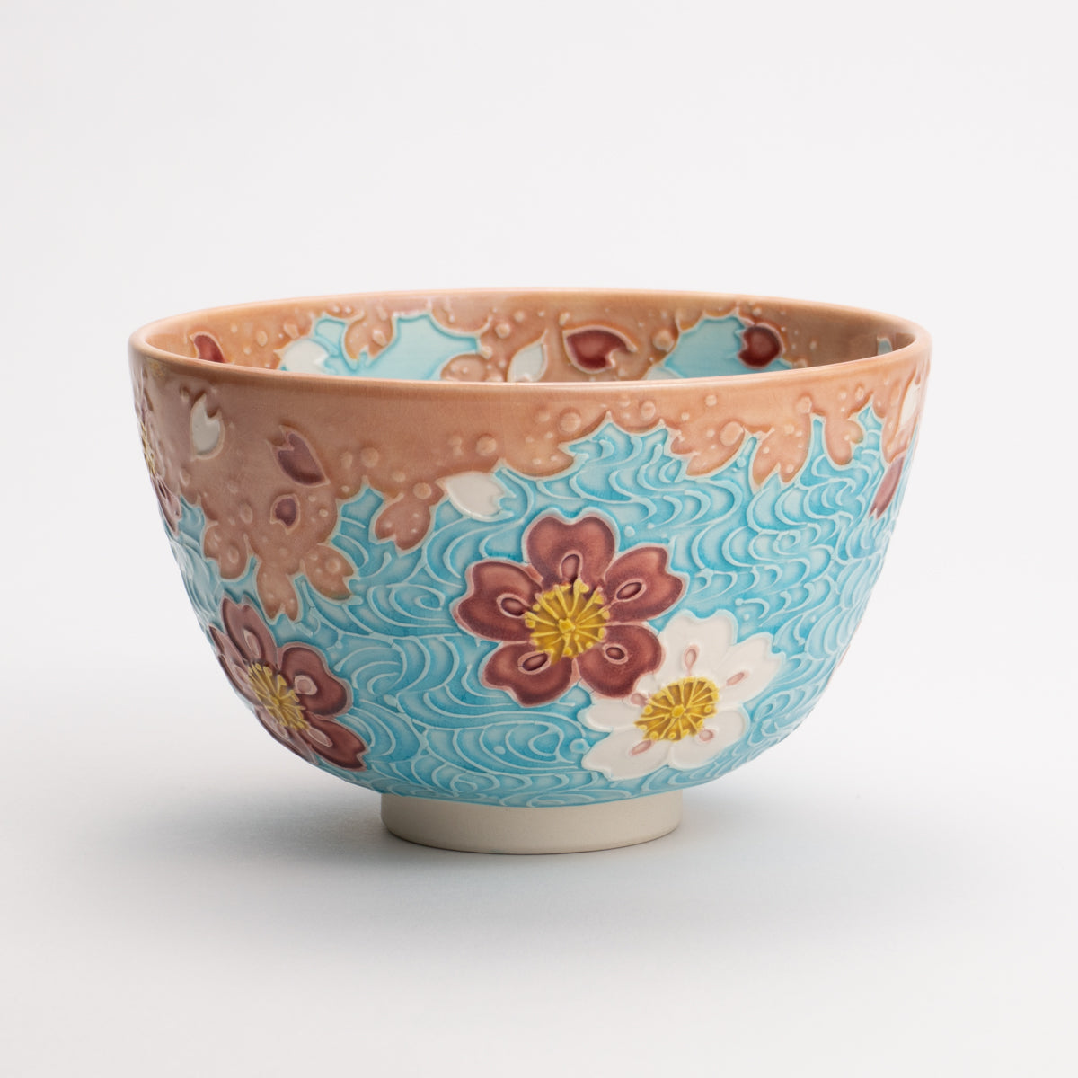 Matcha bowl, shallow green onions, cherry blossoms and flowing water clouds, Ichino 