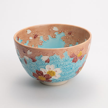 Matcha bowl, shallow green onions, cherry blossoms and flowing water clouds, Ichino 