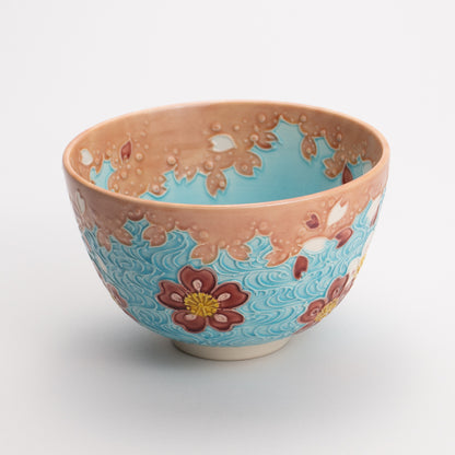 Matcha bowl, shallow green onions, cherry blossoms and flowing water clouds, Ichino 