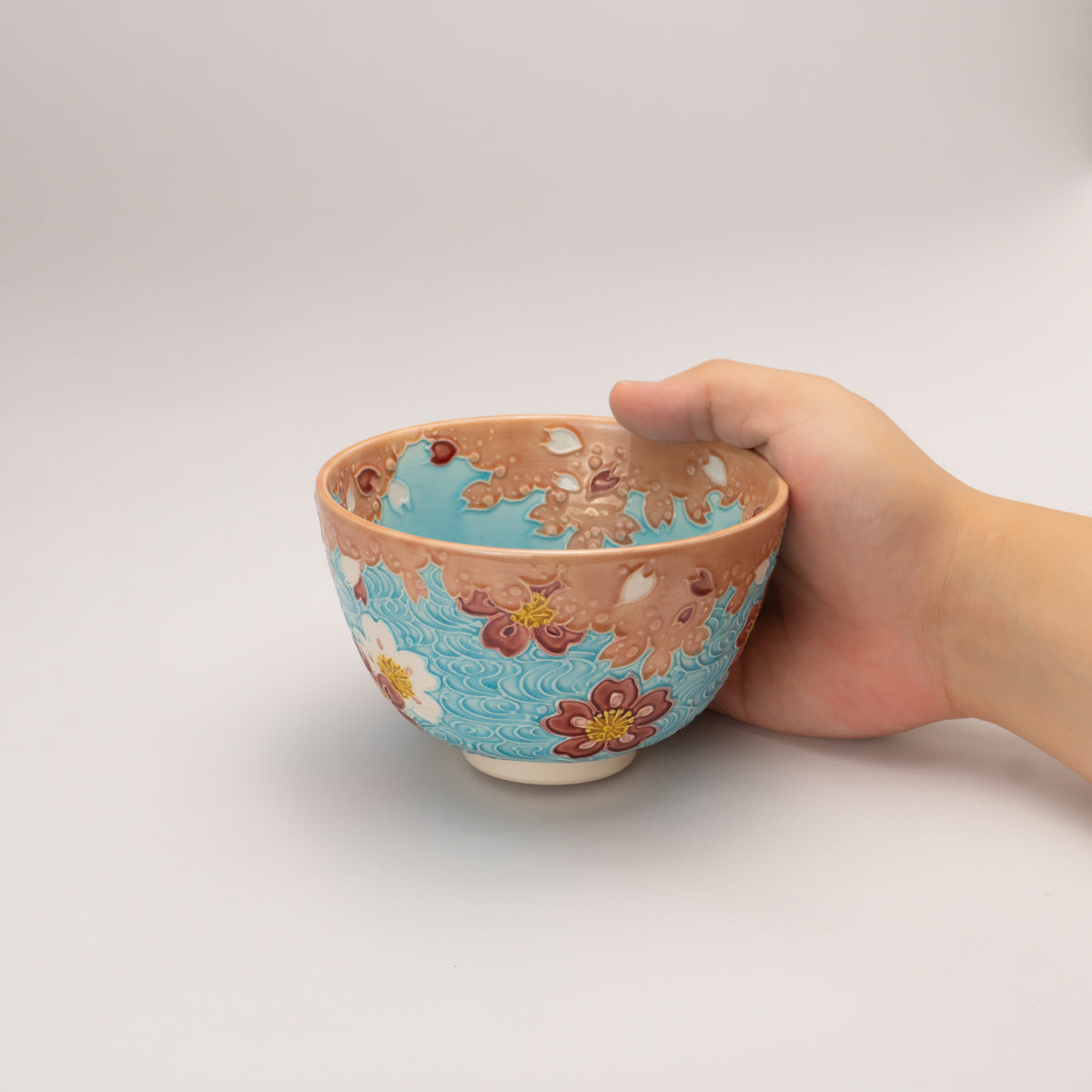 Matcha bowl, shallow green onions, cherry blossoms and flowing water clouds, Ichino 