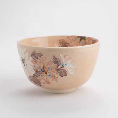 Matcha bowl, pale peach, chrysanthemum, Ichino Yamamoto 