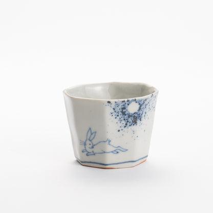 Sake cup -Blue and white moon and rabbit by Nagata studio