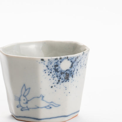 Sake cup -Blue and white moon and rabbit by Nagata studio